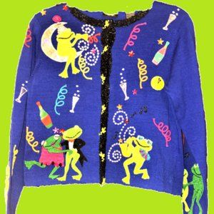 Christine Rotelli Frog New Years Eve. Party Sweater Size Small